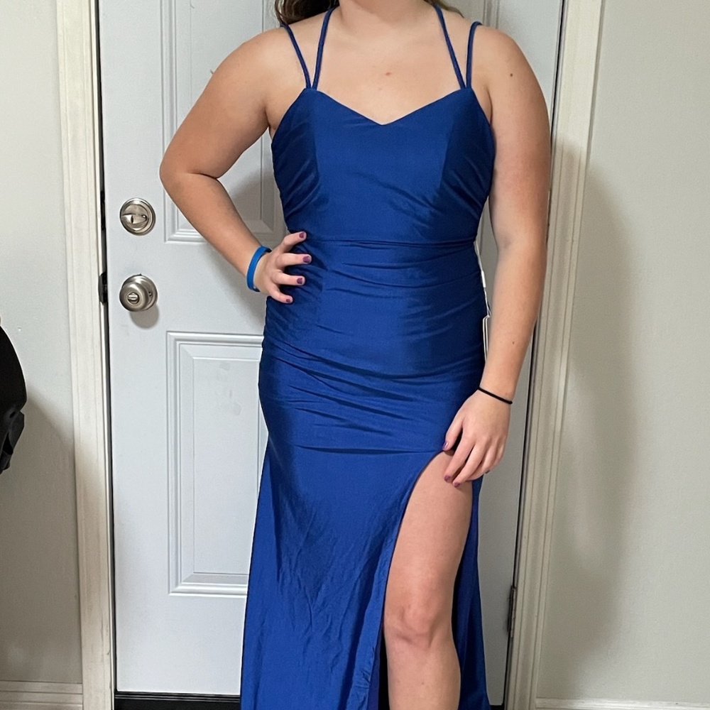 NWT Column Bateau Sweep Train Sleeveless Pleated Royal Blue Prom Dress Size 8